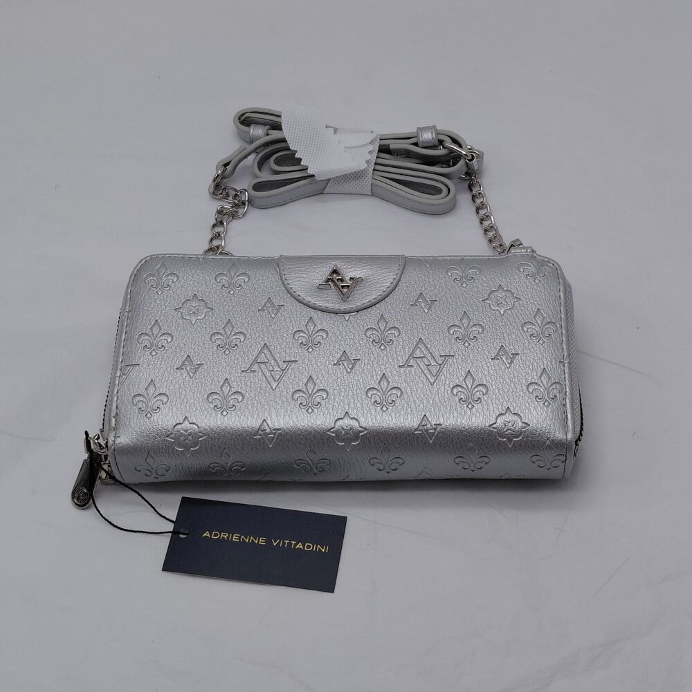 Adrienne Vittadini Womens Marselle Double Wallet Crossbody Bag Silver Metallic